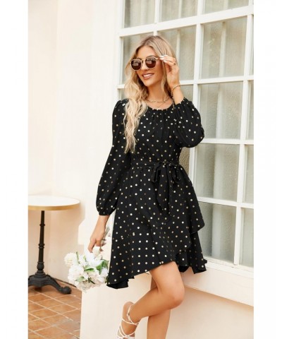 Wedding Guest Dresses for Women with Long Sleeves Gold Polka Dot Fall Ruffle Tiered Dresses $19.35 Dresses