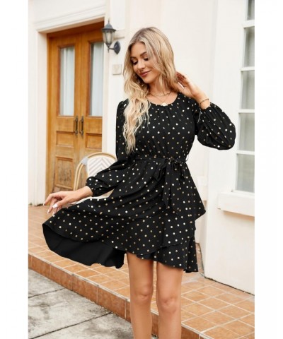 Wedding Guest Dresses for Women with Long Sleeves Gold Polka Dot Fall Ruffle Tiered Dresses $19.35 Dresses