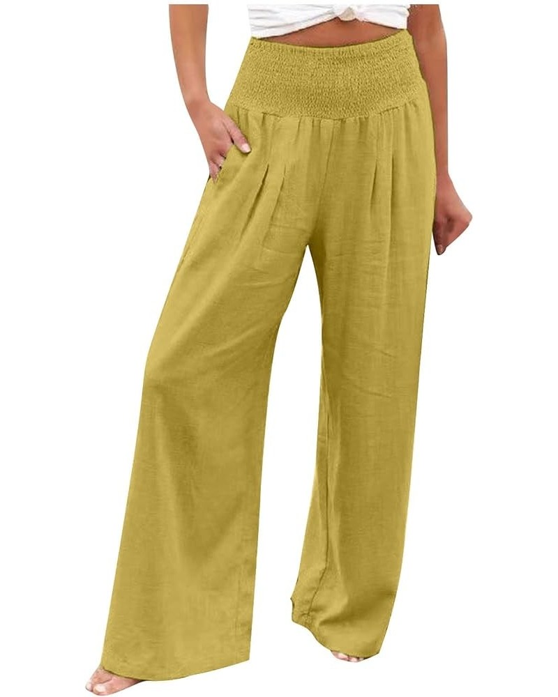 Womens Summer High Waisted Cotton Linen Palazzo Pants Wide Leg Long Lounge Pant Trousers with Pockets Yellow $7.94 Pants