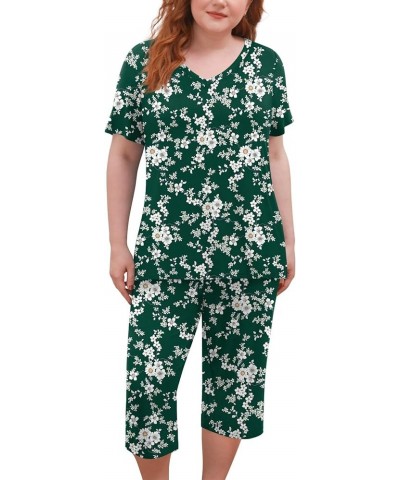 Women's Plus Size 2 Piece Pajama Sets Loungewear Sleepwear Ladies Pjs Sets L-5XL with Pockets White Flowers Green $17.00 Ling...