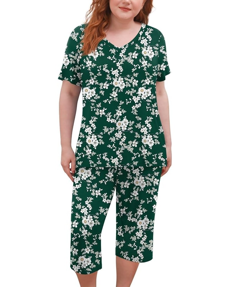 Women's Plus Size 2 Piece Pajama Sets Loungewear Sleepwear Ladies Pjs Sets L-5XL with Pockets White Flowers Green $17.00 Ling...