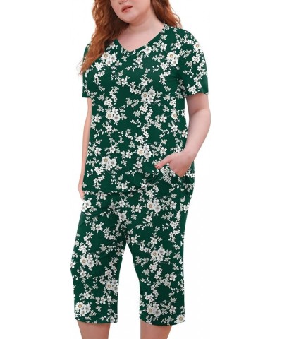 Women's Plus Size 2 Piece Pajama Sets Loungewear Sleepwear Ladies Pjs Sets L-5XL with Pockets White Flowers Green $17.00 Ling...