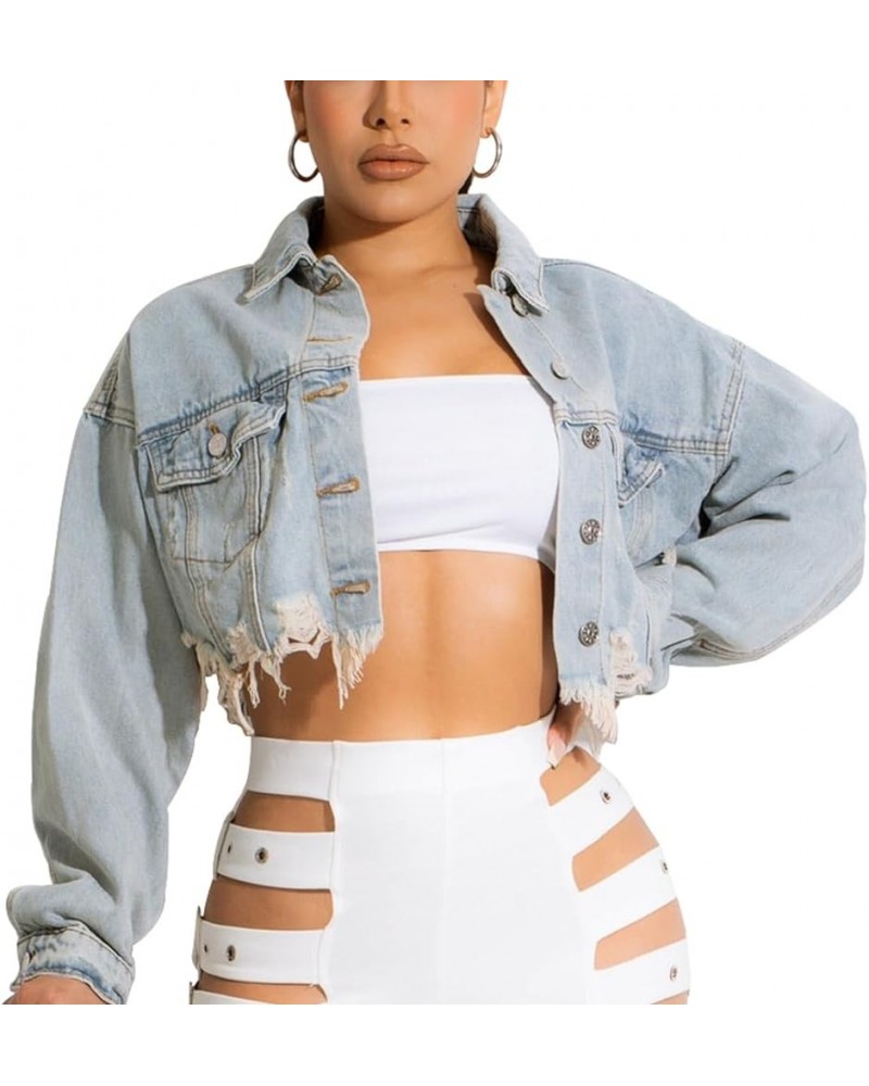 Women's Cropped Jean Jacket Button Up Long Sleeve Ripped Distressed Denim Jacket Frayed Hem Light Blue $20.40 Jackets