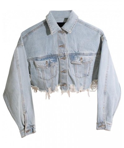 Women's Cropped Jean Jacket Button Up Long Sleeve Ripped Distressed Denim Jacket Frayed Hem Light Blue $20.40 Jackets