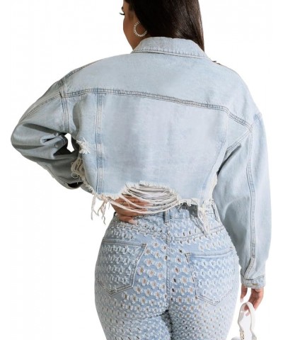 Women's Cropped Jean Jacket Button Up Long Sleeve Ripped Distressed Denim Jacket Frayed Hem Light Blue $20.40 Jackets