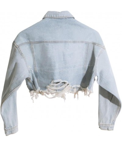 Women's Cropped Jean Jacket Button Up Long Sleeve Ripped Distressed Denim Jacket Frayed Hem Light Blue $20.40 Jackets