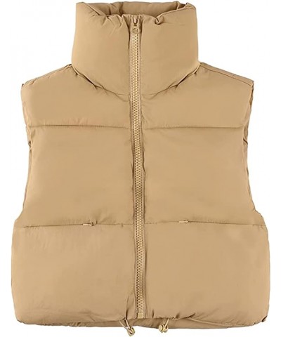 Women Crop Vest Lightweight Stand Collar Sleeveless Puffer Vest Padded Gilet Khaki $8.84 Vests