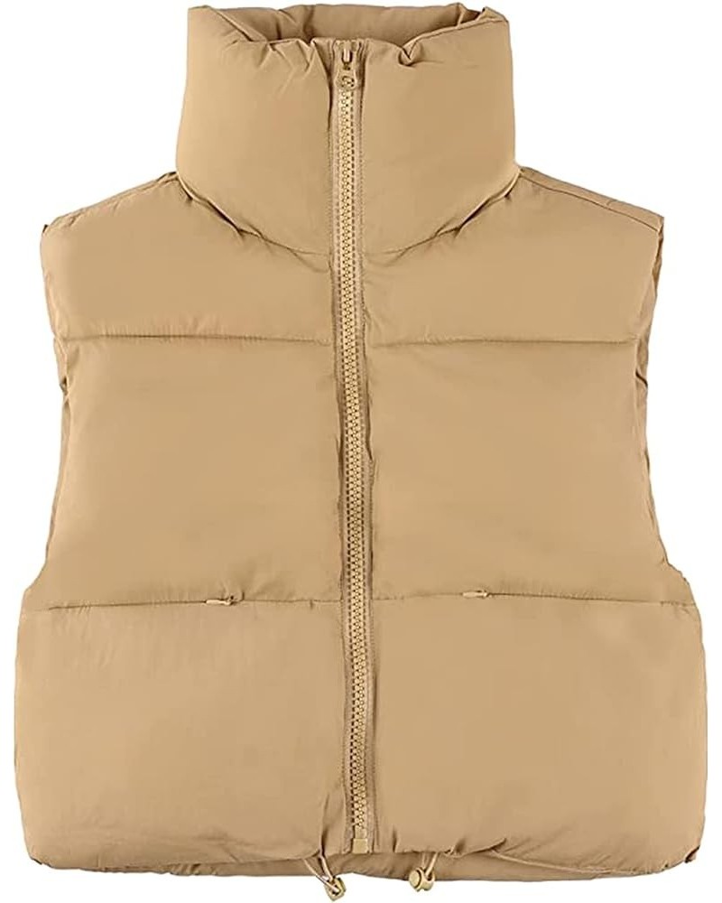 Women Crop Vest Lightweight Stand Collar Sleeveless Puffer Vest Padded Gilet Khaki $8.84 Vests