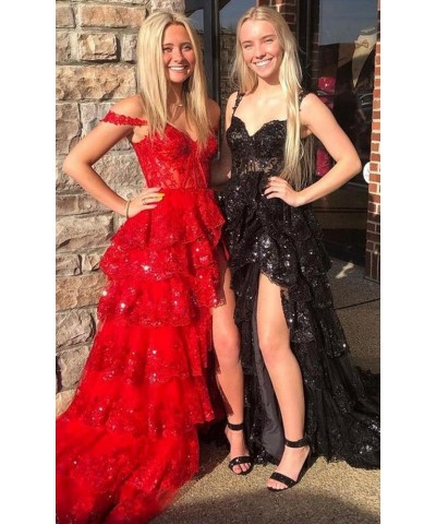 Women's Sparkly Off Shoulder Lace Appliques Prom Dresses 2024 Long Slit Formal Dress Ball Gown Tiered Evening Gowns Gold $50....