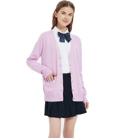 Women's Cardigan School Uniform Sweater V Neck Button Down Knit Cardigans Coat with Pockets Light Purple $15.94 Sweaters