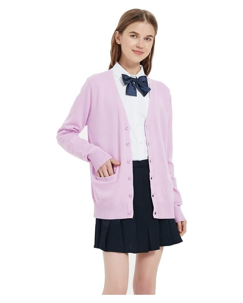 Women's Cardigan School Uniform Sweater V Neck Button Down Knit Cardigans Coat with Pockets Light Purple $15.94 Sweaters