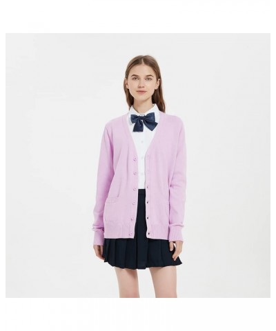 Women's Cardigan School Uniform Sweater V Neck Button Down Knit Cardigans Coat with Pockets Light Purple $15.94 Sweaters