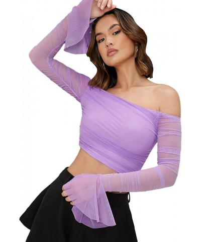 Women's Ruched Off Shoulder Flounce Long Sleeve Mesh Crop Top Blouse Lilac Purple $17.15 Blouses