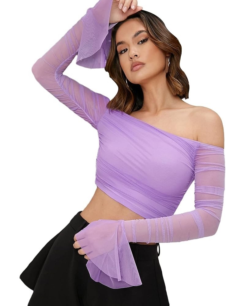 Women's Ruched Off Shoulder Flounce Long Sleeve Mesh Crop Top Blouse Lilac Purple $17.15 Blouses