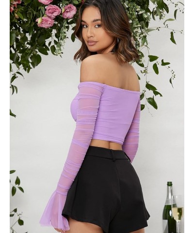 Women's Ruched Off Shoulder Flounce Long Sleeve Mesh Crop Top Blouse Lilac Purple $17.15 Blouses