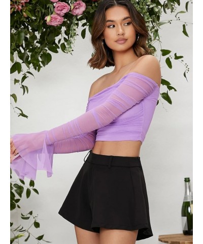 Women's Ruched Off Shoulder Flounce Long Sleeve Mesh Crop Top Blouse Lilac Purple $17.15 Blouses