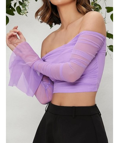 Women's Ruched Off Shoulder Flounce Long Sleeve Mesh Crop Top Blouse Lilac Purple $17.15 Blouses