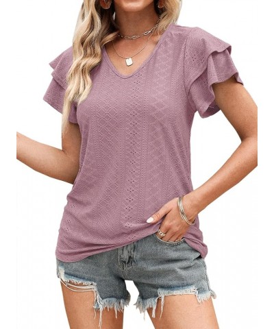 Women's Tops Summer Ruffle Sleeve Tops V Neck Eyelet Tshirts Hollow Casual Blouse Pink $10.39 Blouses