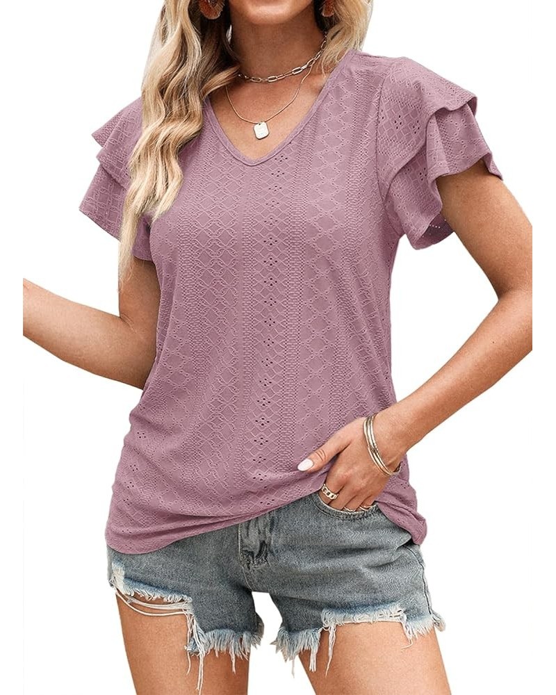 Women's Tops Summer Ruffle Sleeve Tops V Neck Eyelet Tshirts Hollow Casual Blouse Pink $10.39 Blouses