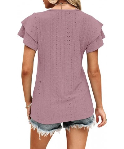 Women's Tops Summer Ruffle Sleeve Tops V Neck Eyelet Tshirts Hollow Casual Blouse Pink $10.39 Blouses