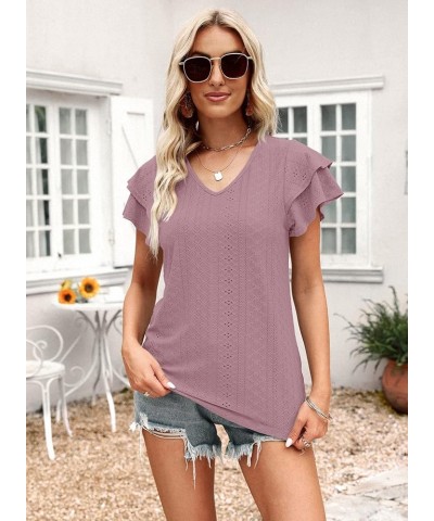 Women's Tops Summer Ruffle Sleeve Tops V Neck Eyelet Tshirts Hollow Casual Blouse Pink $10.39 Blouses