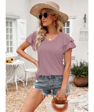 Women's Tops Summer Ruffle Sleeve Tops V Neck Eyelet Tshirts Hollow Casual Blouse Pink $10.39 Blouses