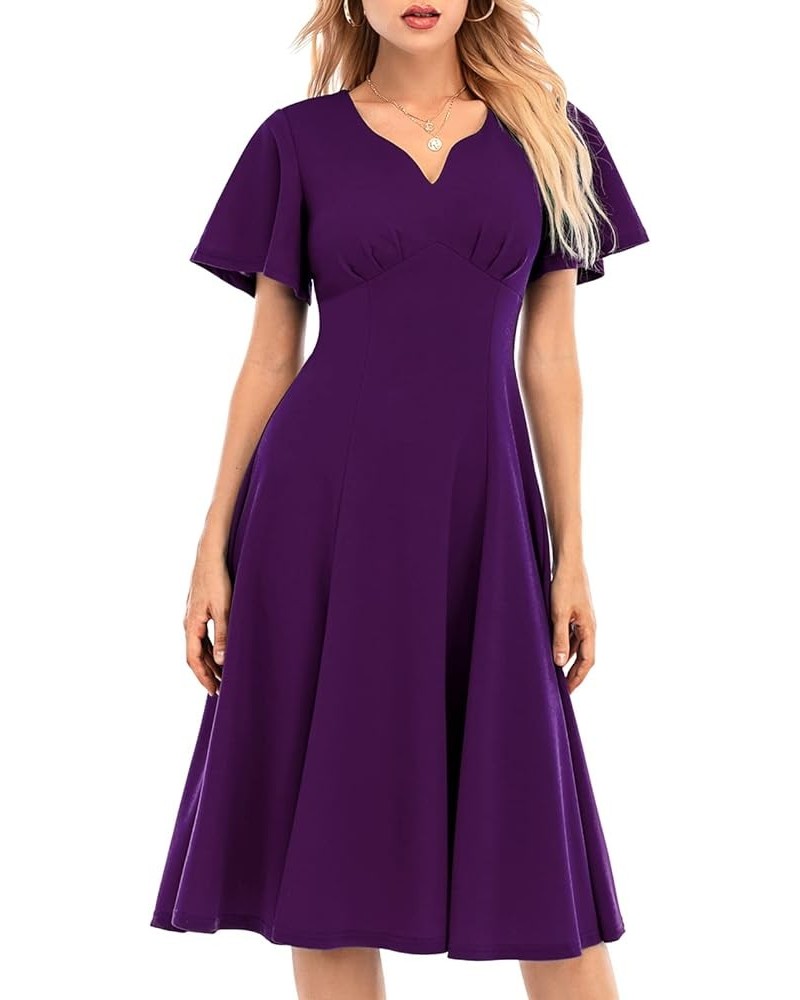 Women Casual Dresses Tea Dress Flared Sleeve Aline Swing Work Dress Grape $13.49 Dresses