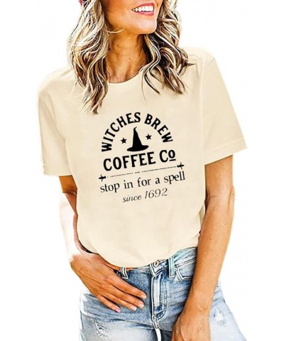 Women Witches Brew Coffee Halloween Shirt Funny Letter Print Halloween Witches Tee Casual Short Sleeve Tees Tops Apricot $7.7...