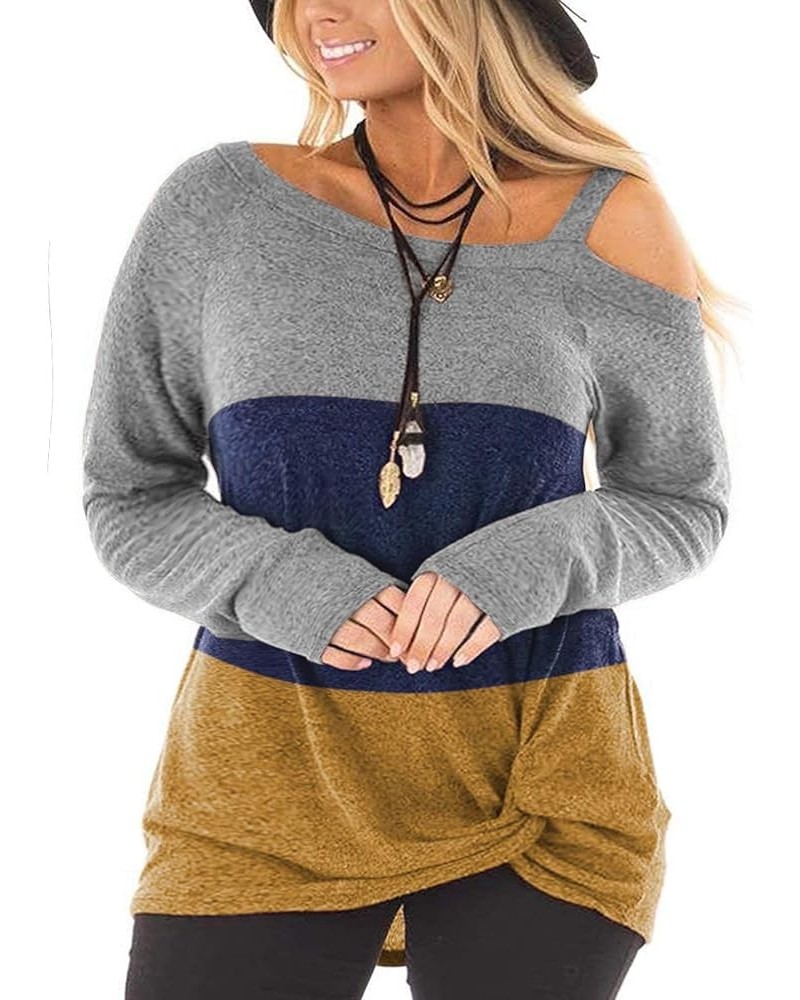 Women's Plus Size Tops Casual Long Sleeve Tee Shirt Twist Knot Blouses Tunics Deep Blue Block $7.64 Tops