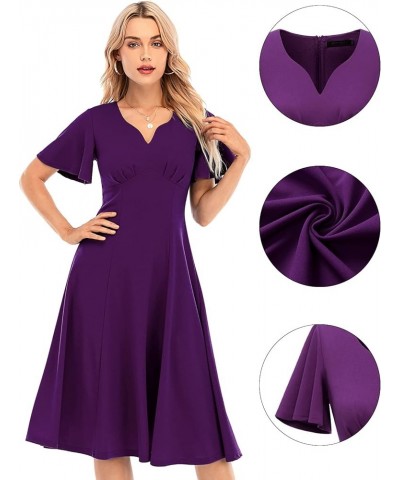 Women Casual Dresses Tea Dress Flared Sleeve Aline Swing Work Dress Grape $13.49 Dresses