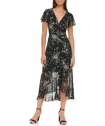 Women's Printed Chiffon Assym Midi Dress Black/Gold $27.27 Dresses