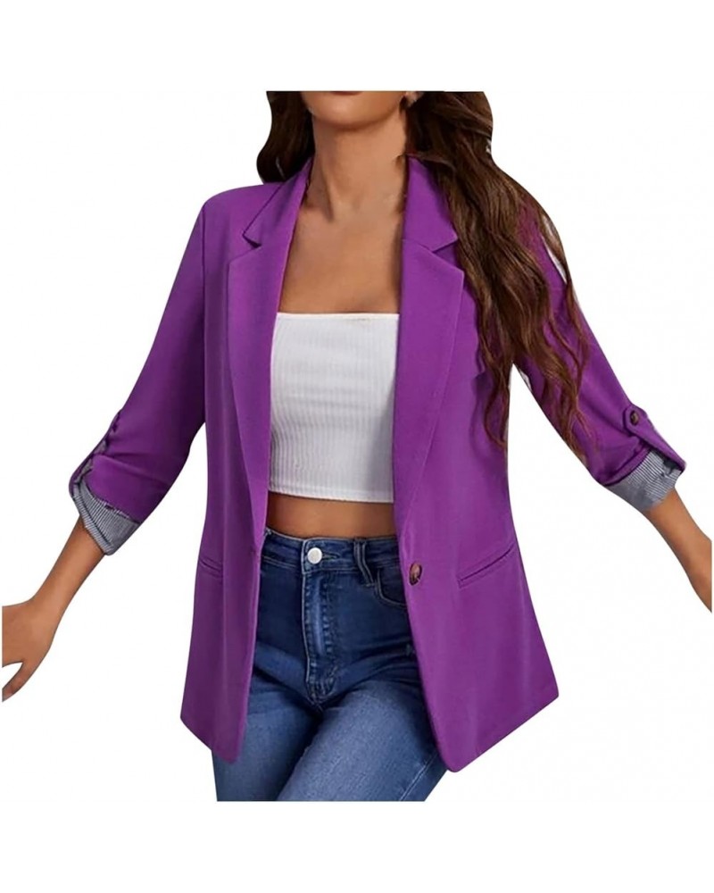 2022 Trendy Blazer Tops for Womens One Button Casual Business Blazer Jackets Women's Lapel Solid Blazers with Pockets Purple ...