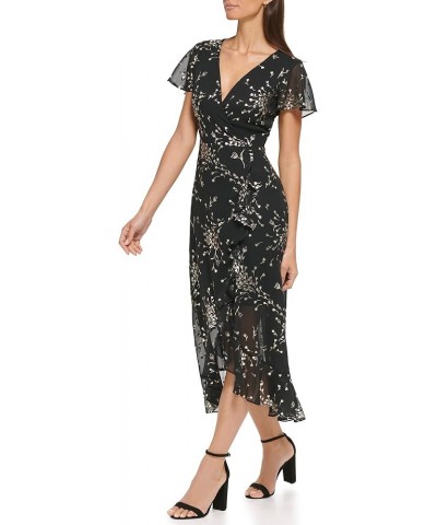 Women's Printed Chiffon Assym Midi Dress Black/Gold $27.27 Dresses