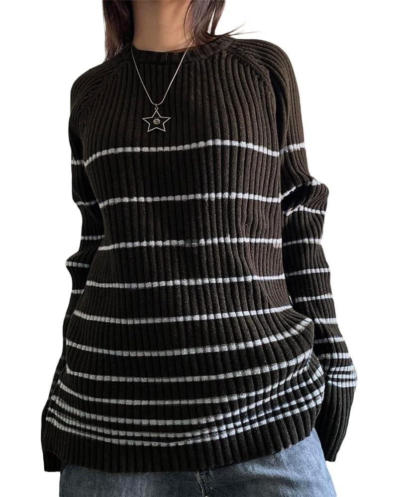 Women Fall Winter Vintage Striped Grunge Sweater Y2K Baggy Emo Sweater Oversized Long Sleeve Crewneck Sweatshirt D-black $22....