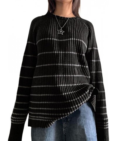 Women Fall Winter Vintage Striped Grunge Sweater Y2K Baggy Emo Sweater Oversized Long Sleeve Crewneck Sweatshirt D-black $22....