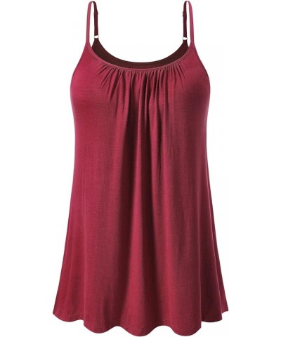 Camisole for Women Built in Bra Casual Pleated Cami Adjustable Spaghetti Strap Tank Top Loose Fit S-XXXXL Winered $13.76 Tanks