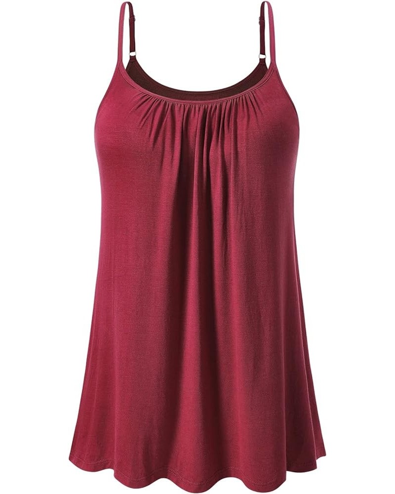 Camisole for Women Built in Bra Casual Pleated Cami Adjustable Spaghetti Strap Tank Top Loose Fit S-XXXXL Winered $13.76 Tanks