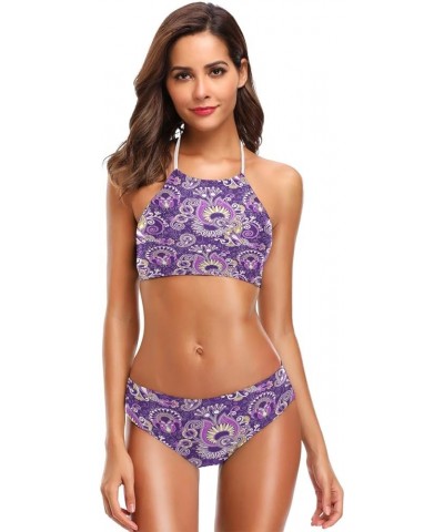 Black and White Checkered Bikini Swimsuit Womens High Neck Halter Two Piece Bathing Suit Purple $15.89 Swimsuits