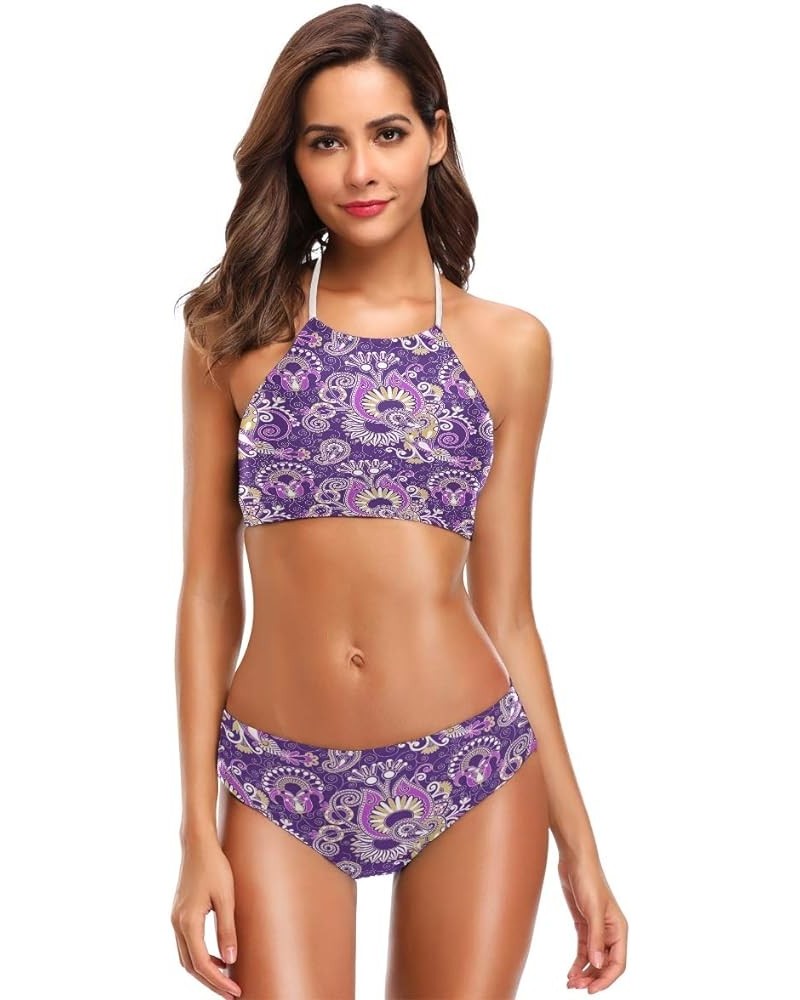 Black and White Checkered Bikini Swimsuit Womens High Neck Halter Two Piece Bathing Suit Purple $15.89 Swimsuits