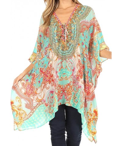 Aymee Women's Caftan Poncho Cover up V Neck Top Lace up with Rhinestone Ortu230-turq $24.29 Swimsuits