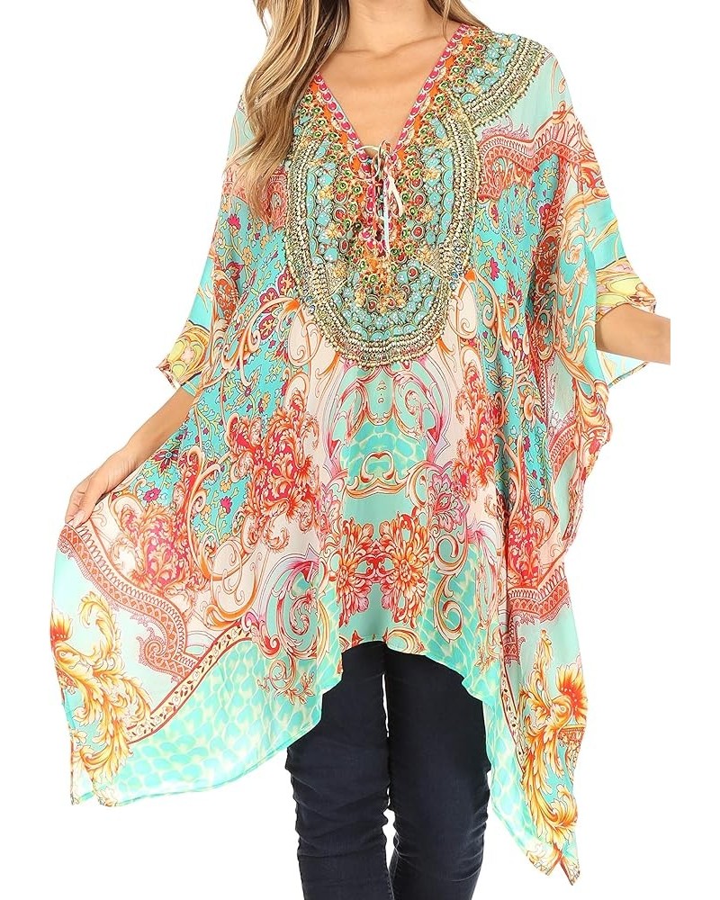 Aymee Women's Caftan Poncho Cover up V Neck Top Lace up with Rhinestone Ortu230-turq $24.29 Swimsuits