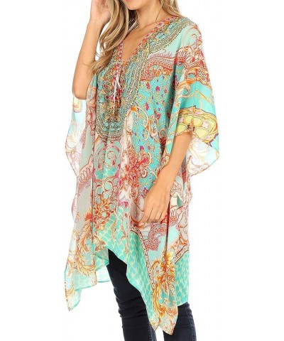 Aymee Women's Caftan Poncho Cover up V Neck Top Lace up with Rhinestone Ortu230-turq $24.29 Swimsuits