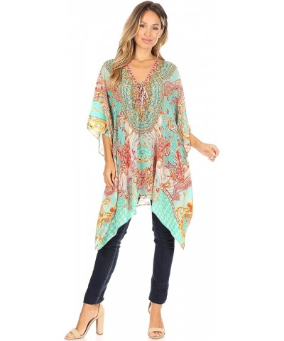 Aymee Women's Caftan Poncho Cover up V Neck Top Lace up with Rhinestone Ortu230-turq $24.29 Swimsuits