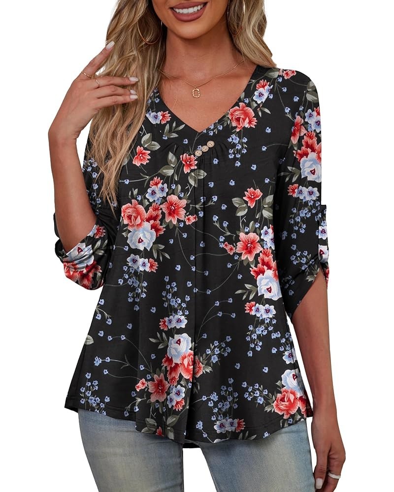 Womens Plus Size 3/4 Roll Sleeve Blouses V Neck Casual Tunic Tops Color 352 $12.15 Tops