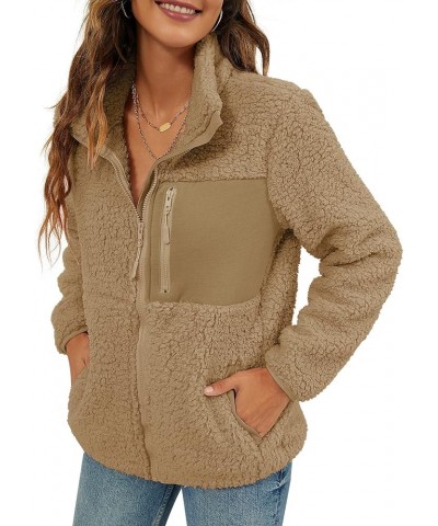 Women's Fashion Faux Shearling Shaggy Full Zip Coats Warm Winter Patchwork Jackets with Pocket Khaki $24.74 Jackets