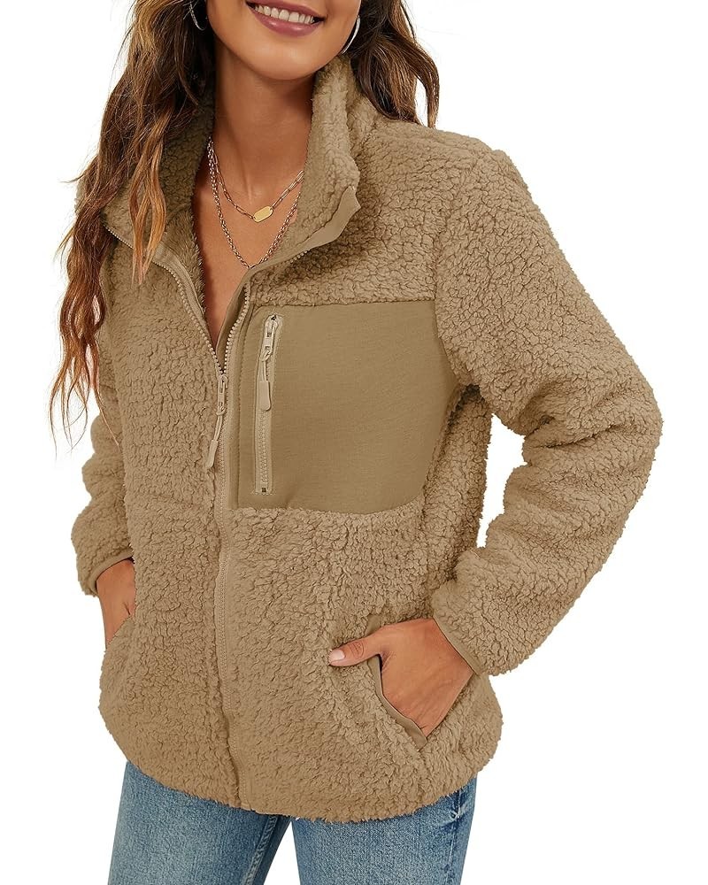 Women's Fashion Faux Shearling Shaggy Full Zip Coats Warm Winter Patchwork Jackets with Pocket Khaki $24.74 Jackets