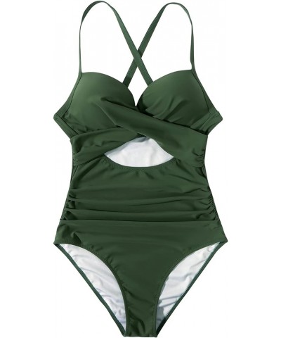 Women Cutout One Piece Swimsuit Tummy Control Cross Back Bathing Suit 1 Dark Green $15.40 Swimsuits