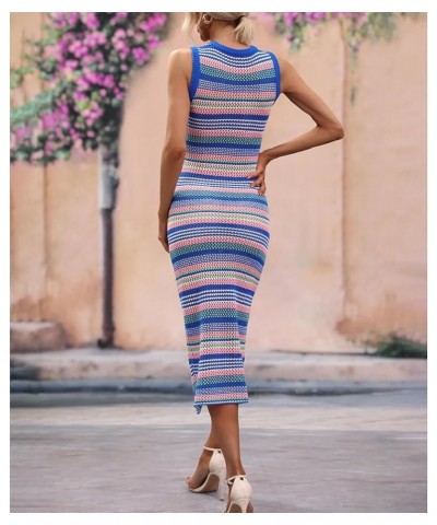 Womens Sexy Rainbow Striped Long Sleeve Loose Crochet Striped Hollow Out Mini Casual Sweater Dress Blue3 $19.79 Sweaters