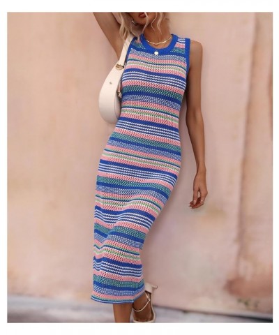 Womens Sexy Rainbow Striped Long Sleeve Loose Crochet Striped Hollow Out Mini Casual Sweater Dress Blue3 $19.79 Sweaters