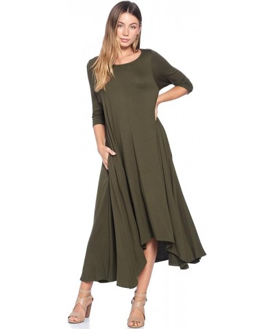 Solid 3/4 Sleeve Pocket Loose Maxi Dress (S-3X) - Made in USA Olive $18.00 Dresses